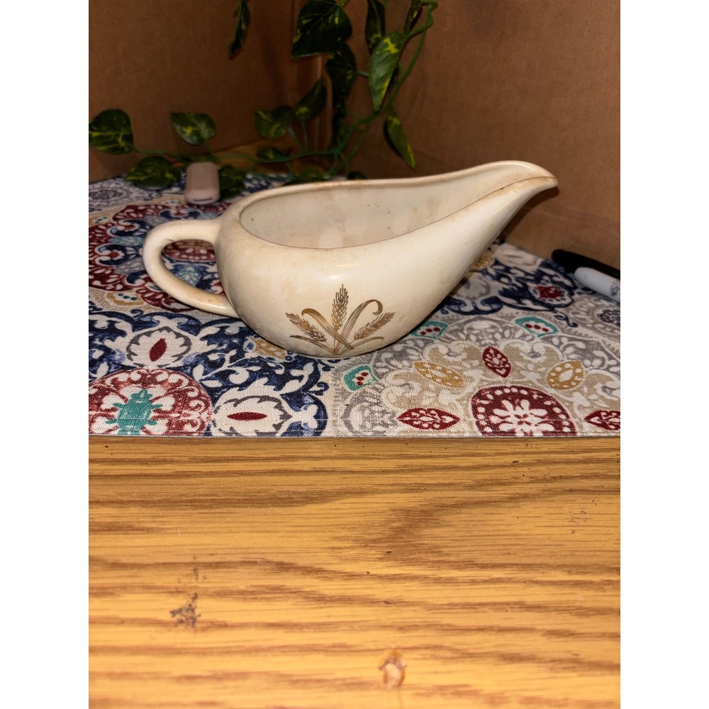 Vintage Cream Ceramic Gravy Boat Gold Wheat Stalk Pattern Mid Century Modern